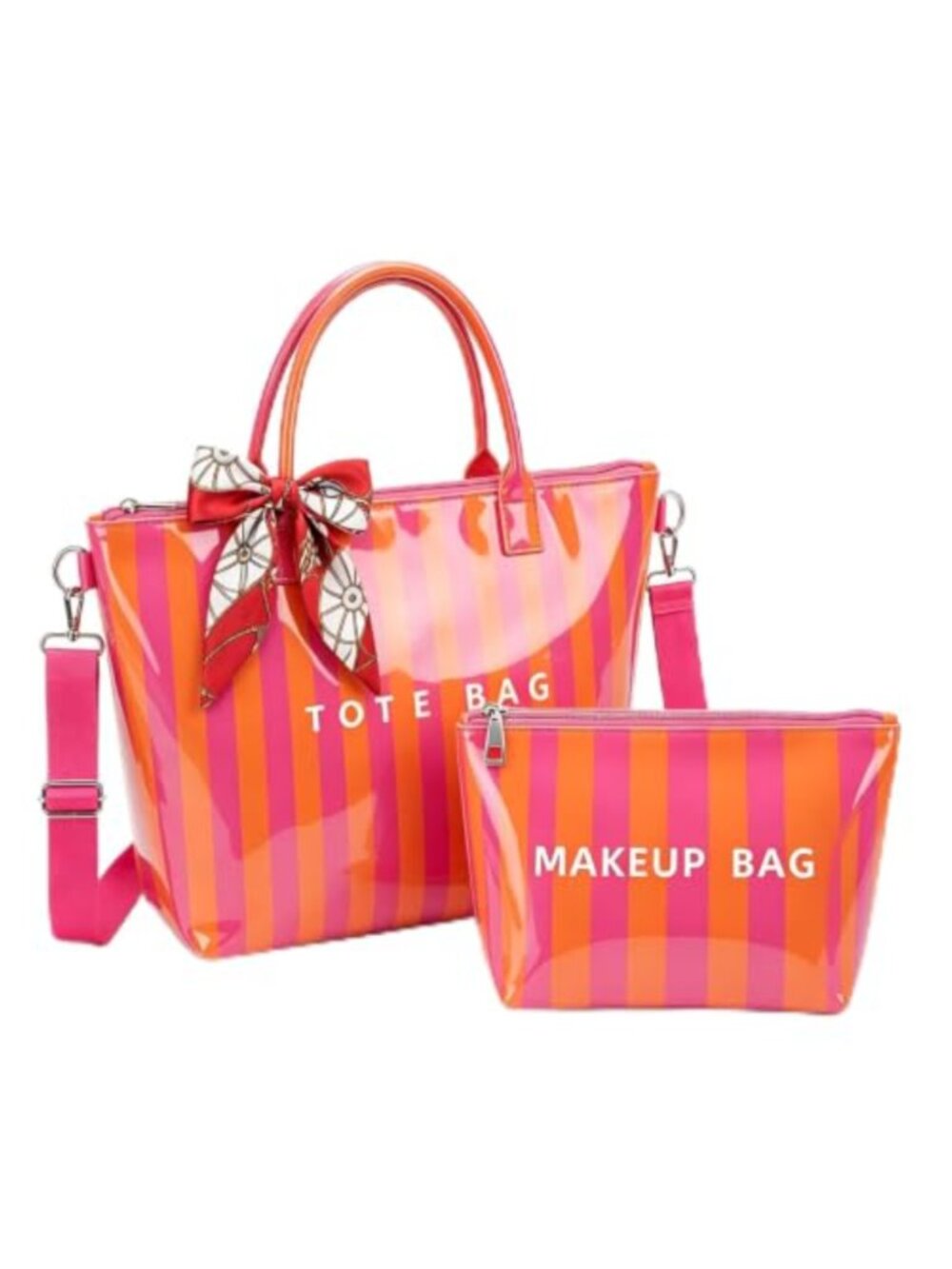 Waterproof PVC Tote Bag Set with Pouch Striped Handbag for Women